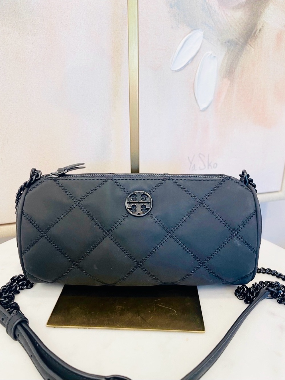Tory Burch Matte Black Quilted Barrel Crossbody